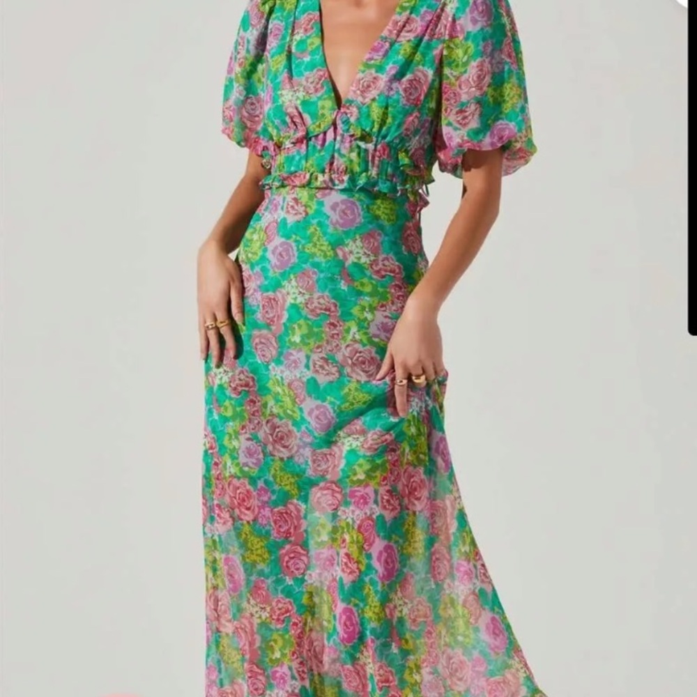 ASTR the label Esperanza Floral Puff Sleeve Dress - Green/pink multi-  Large NWT